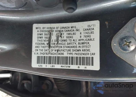 2012 Honda Civic Lx z USA, uszkodzony, nr VIN 2HGFB2F56CH304096